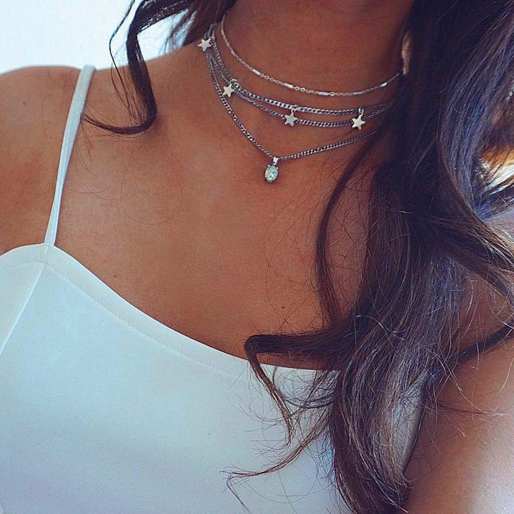 Asooll Boho Layered White Crystal Predant Choker Necklace Silver Star Necklaces Fashion Jewelry Chain Accessories for Women and Girls