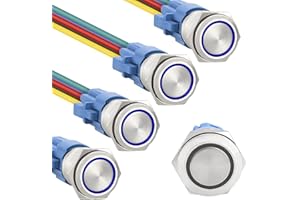 STARELO 5pcs 19mm Latching led Push Button Switch Sliver Shell, IP65 Waterproof Push Button Switch,1NO 1 NC with Wire Socket Plug,Self-Locking with LED(Blue).