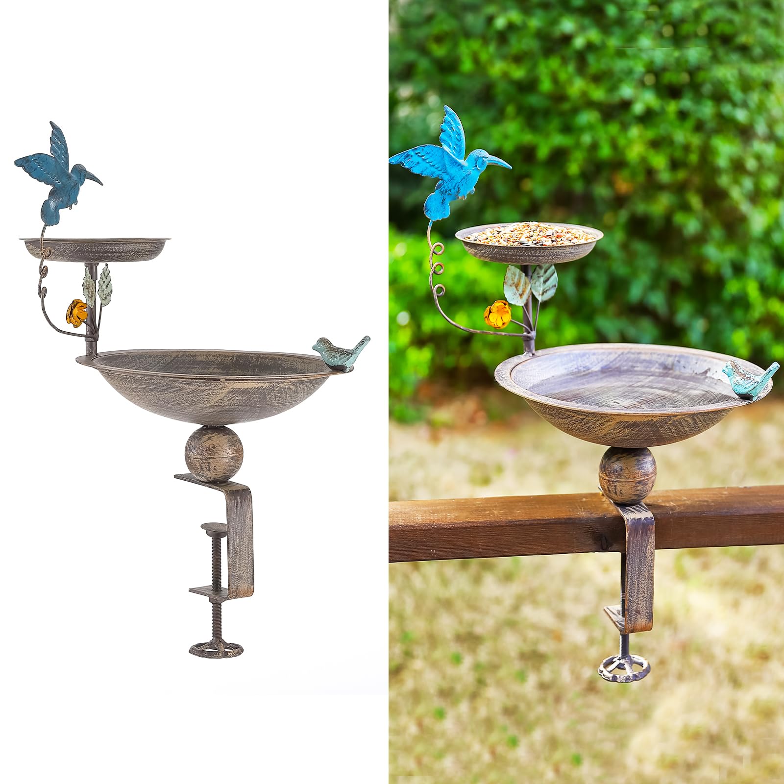 Photo 1 of CaliDecor Deck Mounted Bird Bath and Feeder, 2-in-1 Balcony Metal Birdbaths for Deck Railing Outdoors, Adjustable Heavy Duty Clamp for Garden Decor Yard Lawn