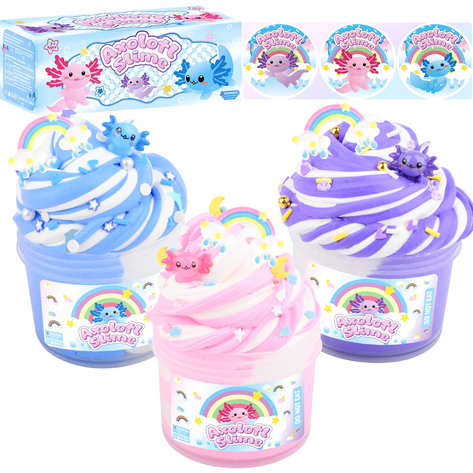 3 Pack Axolotl Slime Kit, Pink, Blue, Purple, Dual Colors Butter Slime with Axolotl Charms, Party Favors for Girls and Boys Ages 8-12, Soft & Non-Sticky, Birthday Gift, Goodie Bag Stuffers