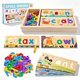 Wooden See and Spell Word Game Learning Toys for Kids 3-6 Puzzle Board | CVC Word,Cute Pattern,Letter Matching Toys with Stor