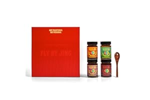 FLYBYJING Gift Set - Premium Branded Box Includes: Sichuan Chili Crisp, Spicy Sweet Chili Sauce, Extra Crunchy Chili Crisp, Xtra Spicy Chili Crisp & Sauce Spoon - Vegan - Perfect Gourmet Gift for Foodies - 6oz (4 Pack)