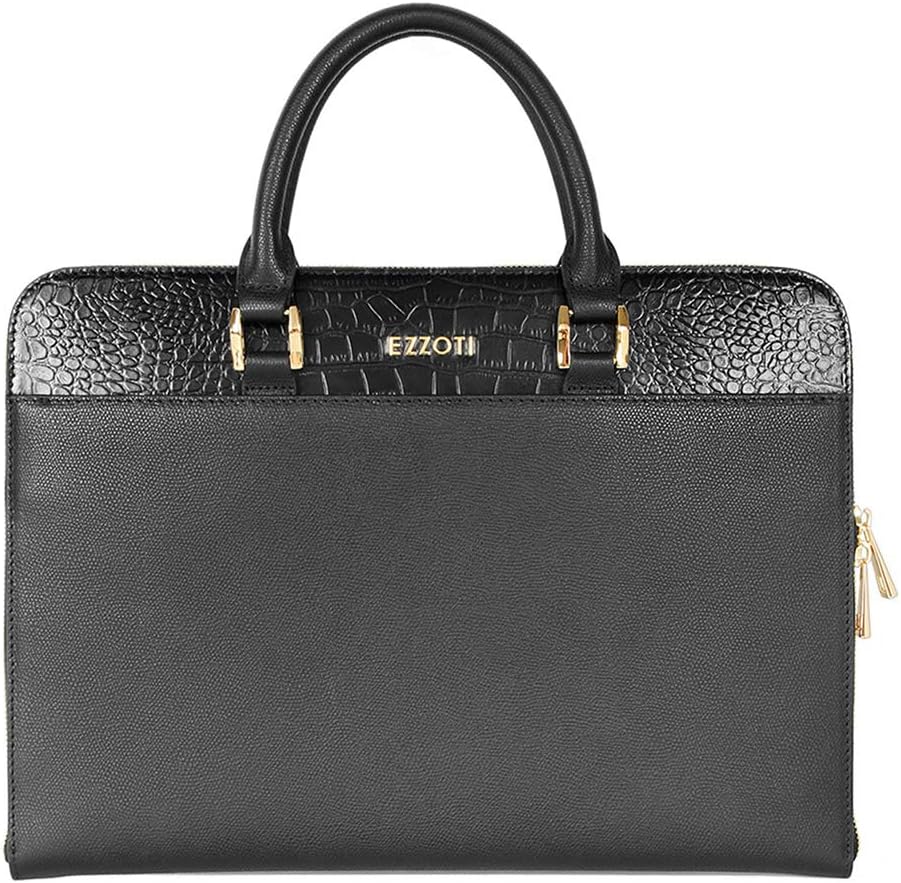 EZZOTI Maxwell Genuine Italian Leather Laptop MacBook Bag, Document Holder Slim Briefcase Case Office Bag - Black Crocodile Effect
