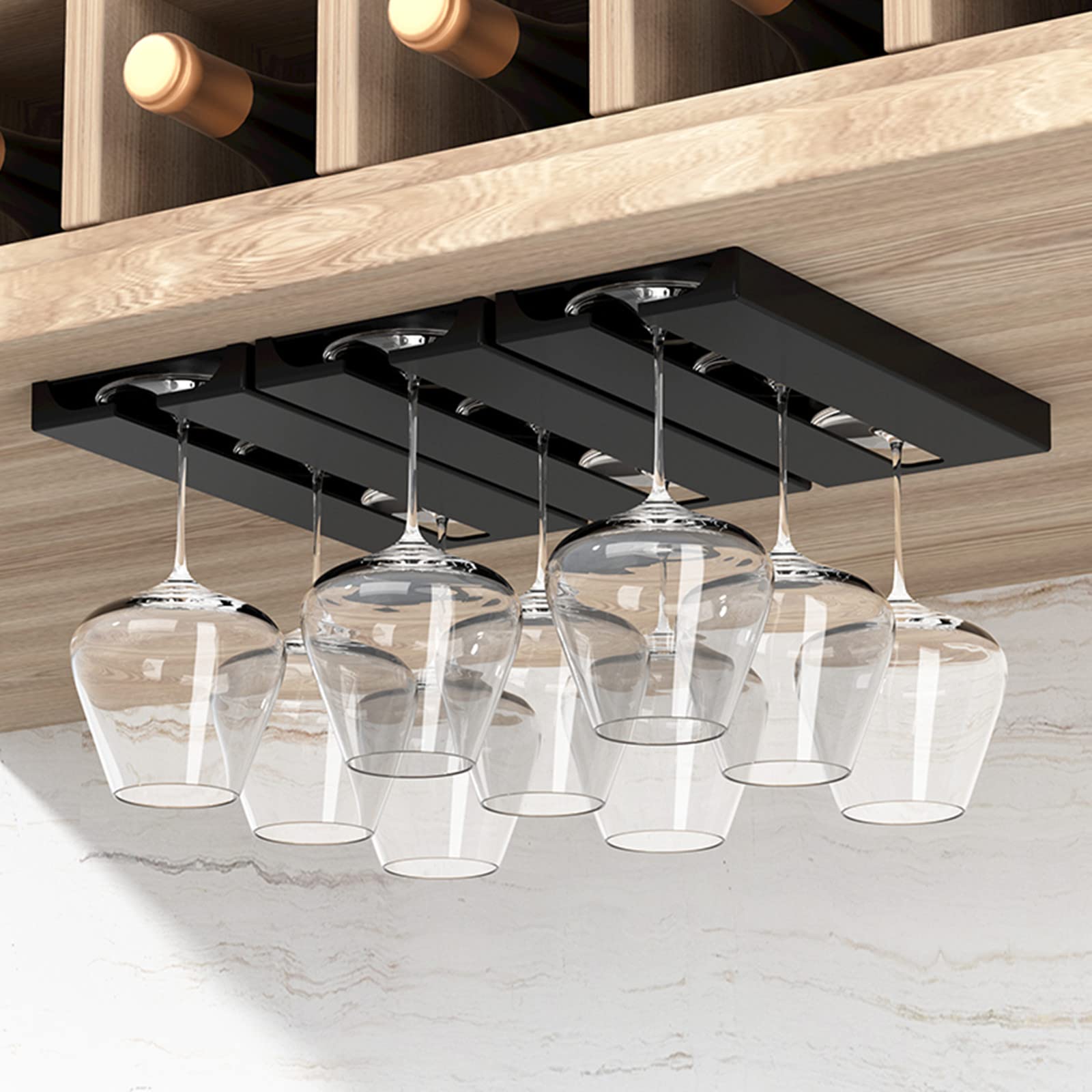 Photo 1 of AQJUNONG Wine Glass Holder Under Shelf, 2 Pack Wine Glass Rack - Punch-free Under Cabinet Stemware Glasses Storage Hanger, Plastic Organizer for Bar, Self-adhesive (Classic Black)