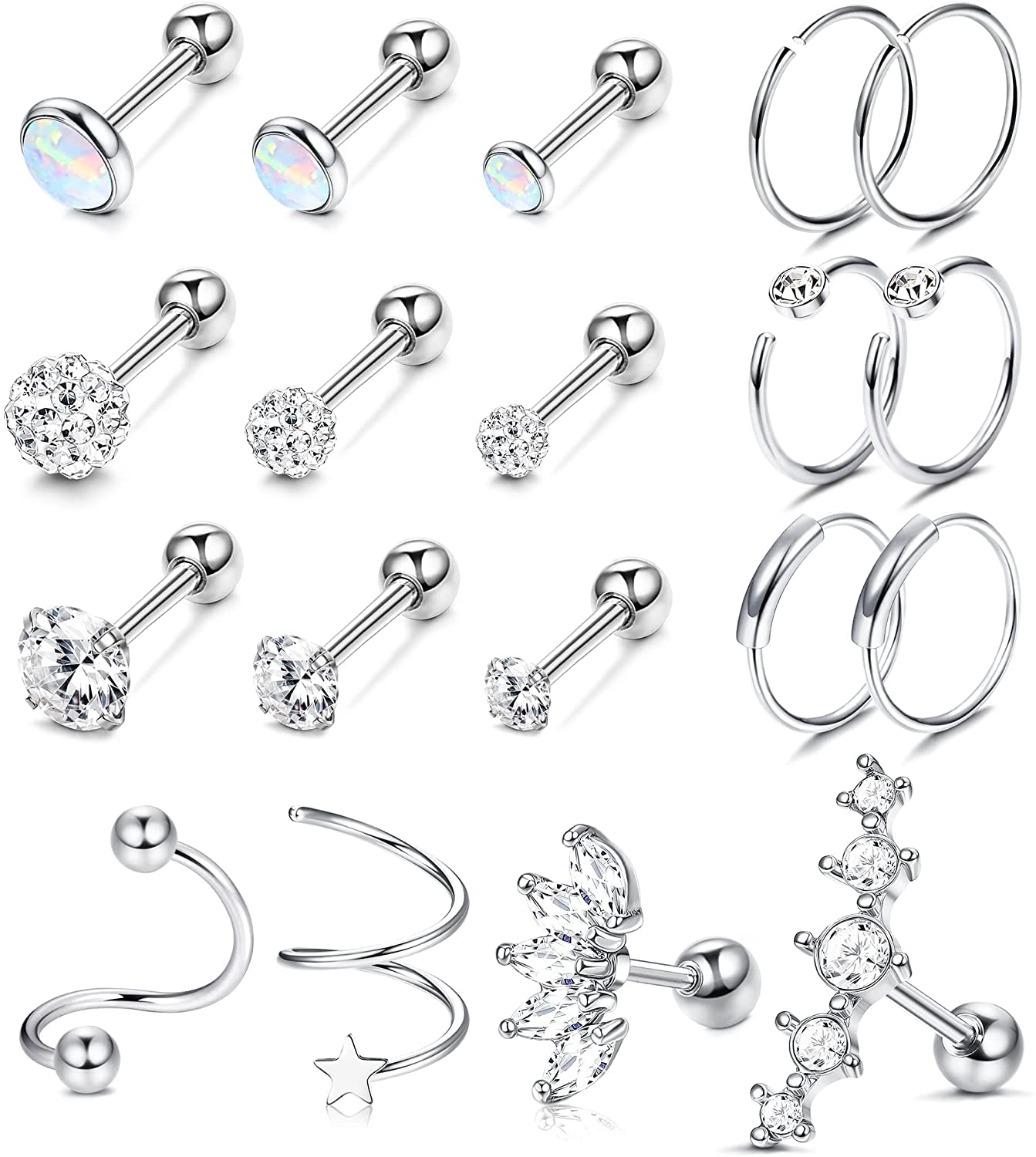 MILACOLATO Cartilage Piercing 9Pcs Cartilage Earring Daith Tragus Piercing Stud Stainless Steel Stud Earring for Women Men CZ Stud Earring Helix Earrings Piercing Jewelry