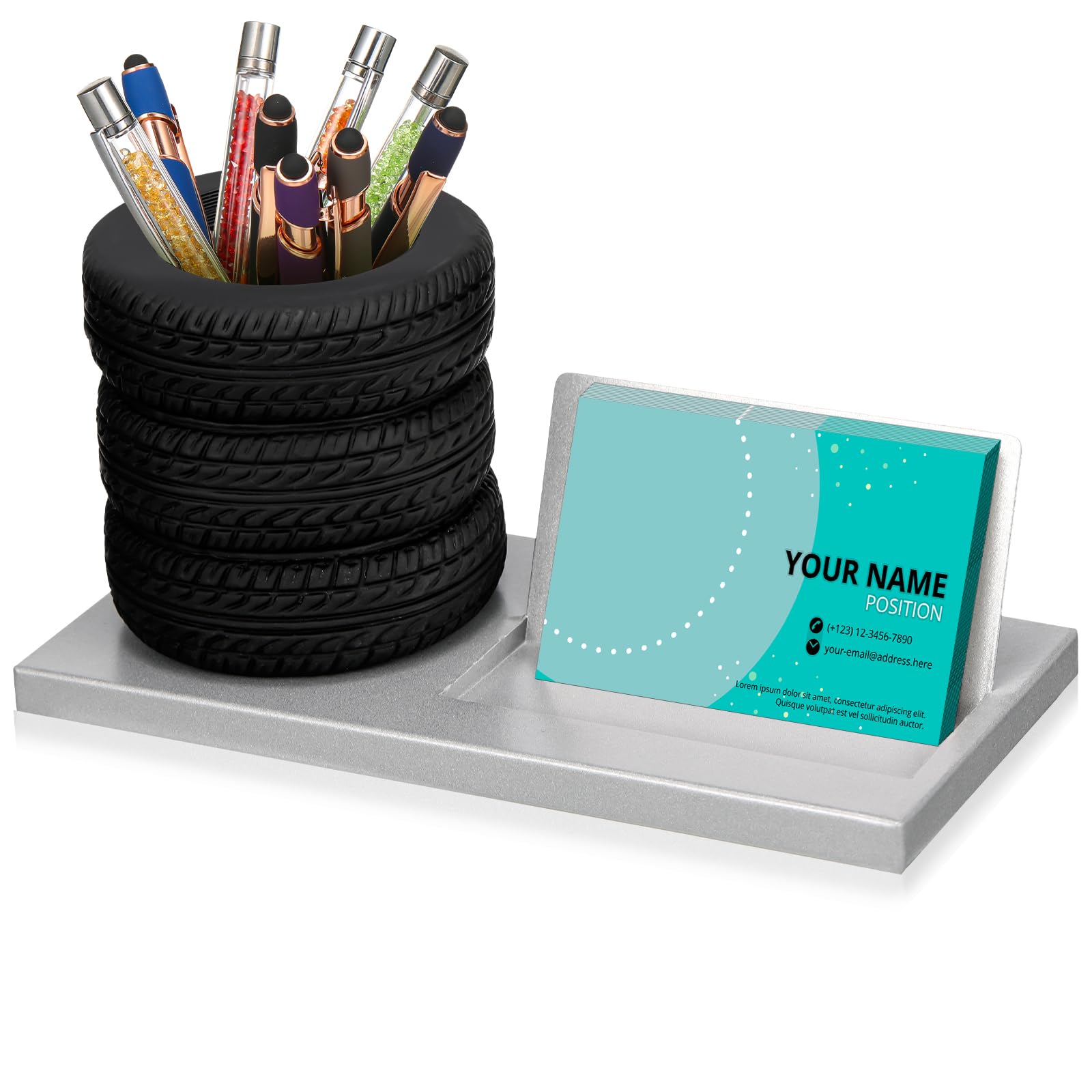 Photo 1 of Eersida Tire Shape Stationery Set Car Sales Gift Business Card Holder Automotive Desk Organizer Business Card Holder Desk for Office Mechanics Car Lovers(Gray,7.5 Inch)