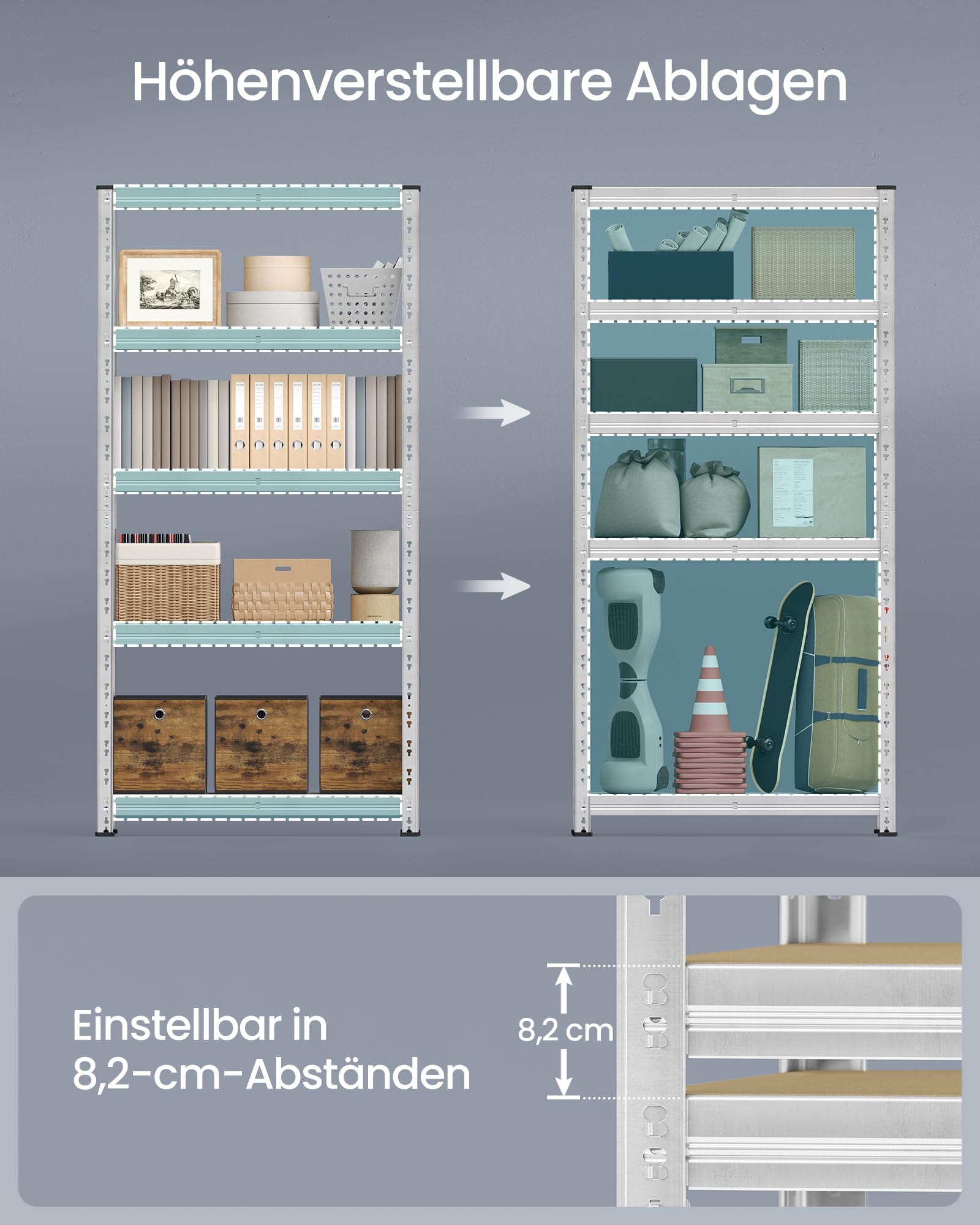 SONGMICS Schwerlastregal, 2er Set, Kellerregal, 40 x 90 x 180 cm, bis 875 kg belastbar, einfache Montage, Lagerregal, verstellbare Ablagen, Lagerregal, silbern GLR455E01 5