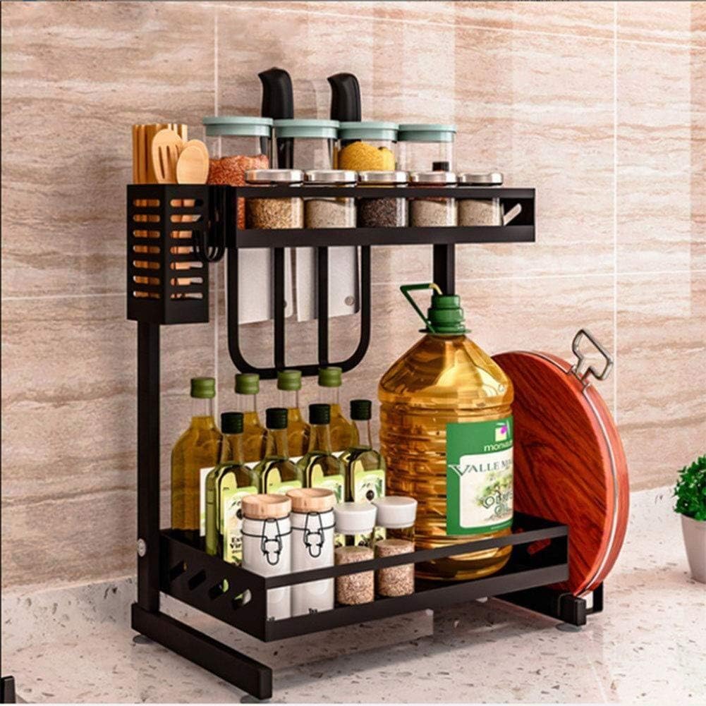 CFCJW Kitchen shelf organiser Kitchen Spice Stand Countertop Stand 2 Layers Removable Storage Box Jar Bottle Storage Cutlery Stand Black drain rack stainless steel