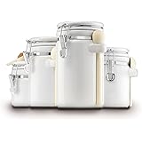 Anchor Hocking 4-Piece Ceramic Canister Set with Clamp Top Lid and Wooden Spoon, White