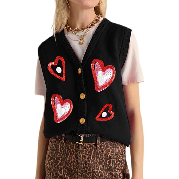 Women Valentines Day Cardigan Sweater Vest Knit Heart Graphic
