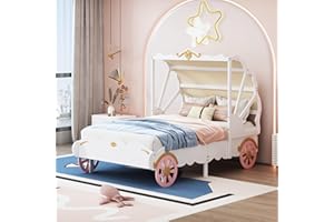 MERITLINE Twin Princess Carriage Bed Frame for Kids,Wood Twin Size Platform Bed in Car-Shaped with Wheels and 3D Carving Pattern Design,Fun Play Twin Bed for Girls,White+Pink+Gold