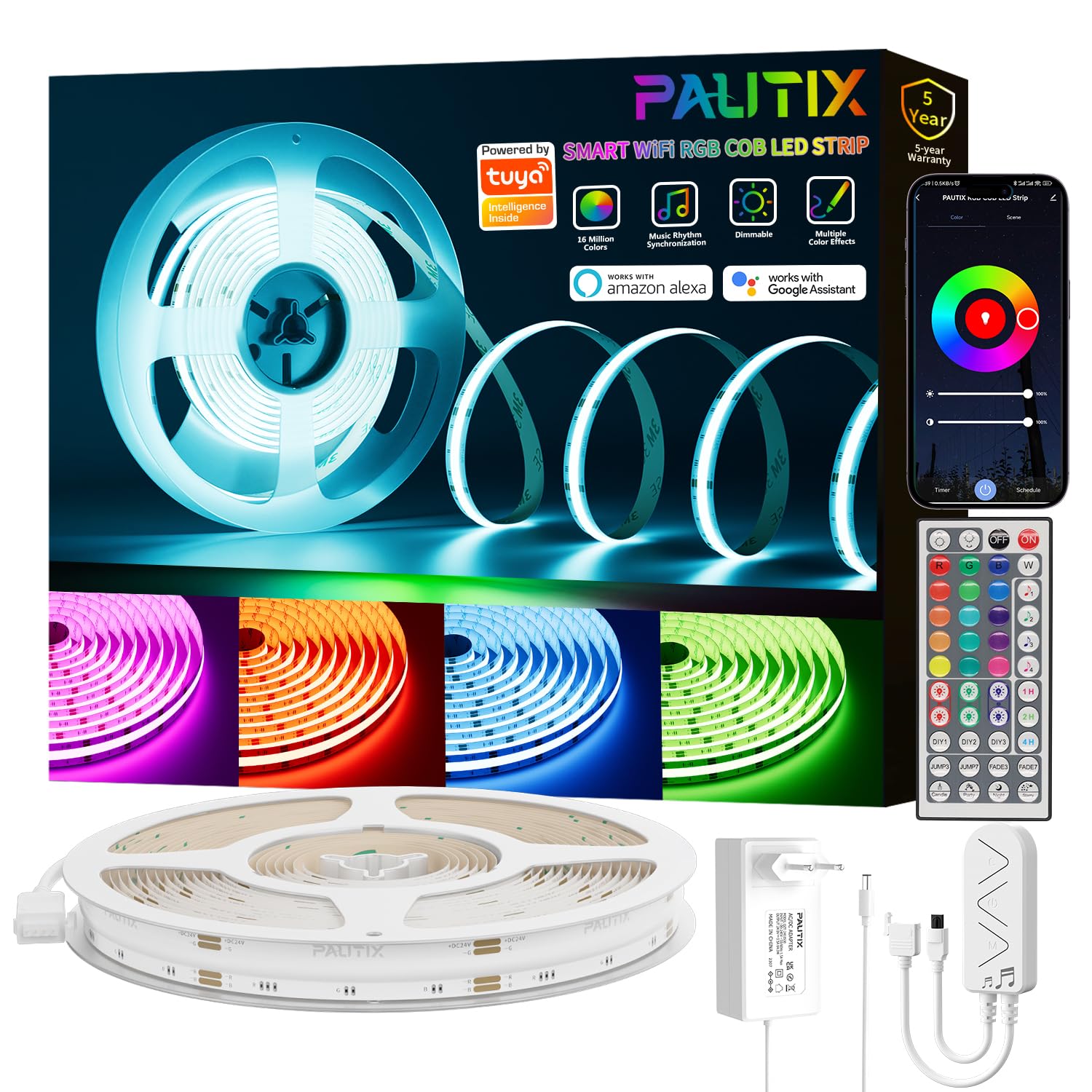PAUTIX COB LED Streifen RGB 10M,Dimmbares 24V RGB LED Strip Light Selbstklebend,WIFI Funktioniert mit Alexa/Google Assistant/Tuya Farbe Wechselndes LED Band für Spielzimmer,Party DIY Dekoration