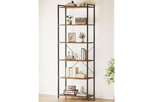 Casaottima Book Shelf, 6 Tier Tall Bookshelf, Modern Wood Bookcase Shelves for Bedroom, Industrial Display Shelf for Living Room Home Office Kitchen, Standing Shelving Unit Storage Organizer, Vintage
