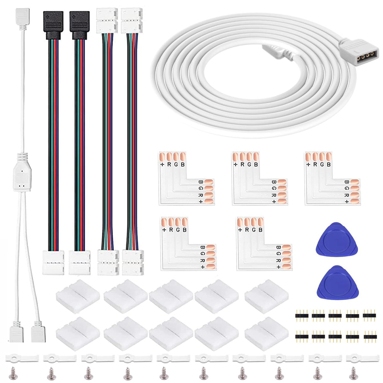 ENQIMAOYI 53pcs LED Strip Connector 4 Pin 8mm 3528 2835 RGB Rope Light Connector Kit, LED Strip Extension,2-in-1 Distributor,Gapless Solderless, L Shape PCB,Jumper Connectors for Controller