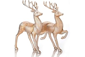 GEDLIRE Christmas Reindeer Figurine Decorations 2 Pcs, 12.6” Holiday Standing Deer Statues, Vintage Gold Christmas Elk Ornaments for Dinner Tabletop Centerpiece Home Decor, Gold