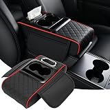 QQWD Car Armrest Cushion, 5 in 1 Center Console Cover with 2 Cup Holders, Phone Holder, Tissue Holder, Storage Bag, Multifunctional Leather Heightened Car Armrest Cushion for Most Cars