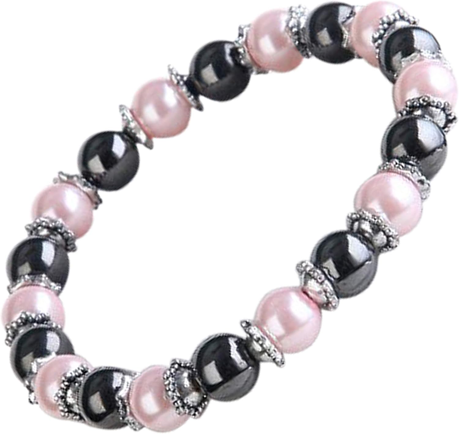 Magnetic Hematite & Faux Pink Pearl Bracelet for Women, Stretch Beaded Fashion Jewellery, Elegant Light-Catching Pearls