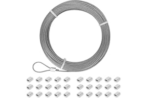 MARIOCSA 3/32 Stainless Steel Cable 100ft, 7x19 Strands Flexible Stainless Steel Aircraft Cable, Wire Rope for Deck Railing, String Light Hanging, Marine Rigging, Garden Wire with 30 M2.5 Crimping Loops