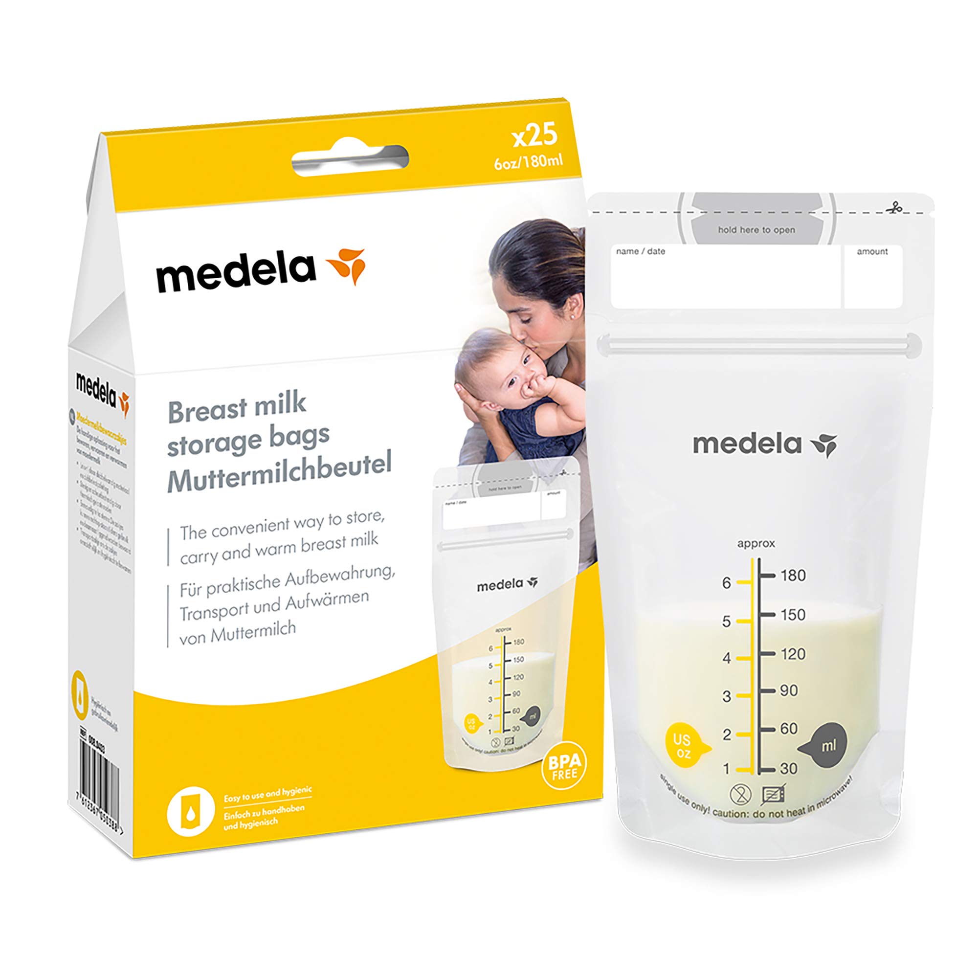 Medela Set of 180 ml Breast Milk Storage Bags - Pack of 25 BPA-Free Breast Milk Collection Pouches with Double Zip, Quick Freeze and thaw