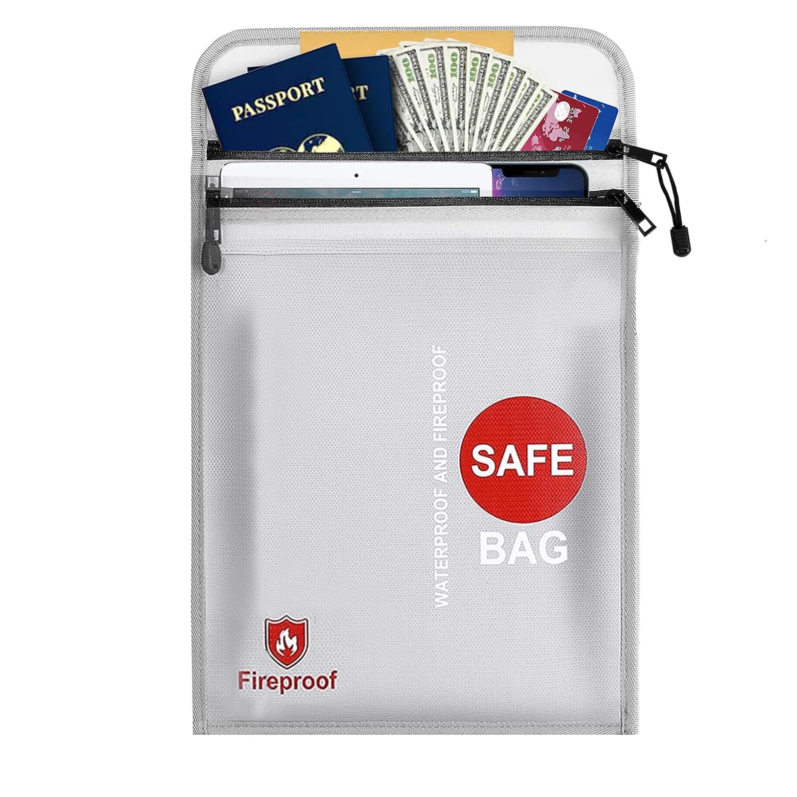 Fireproof Document Bag，Two Pockets Waterproof Fire Resistant ，Fireproof Money Safe Document Bag 15 x11 Inches Set with Zipper ，Fireproof Safe Storage for Money, Documents, Jewelry and Passport