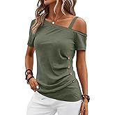 EasyGala Womens Off Shoulder Tops Summer Asymmetrical Shirts Short Sleeve Button Ruched Blouses 2025