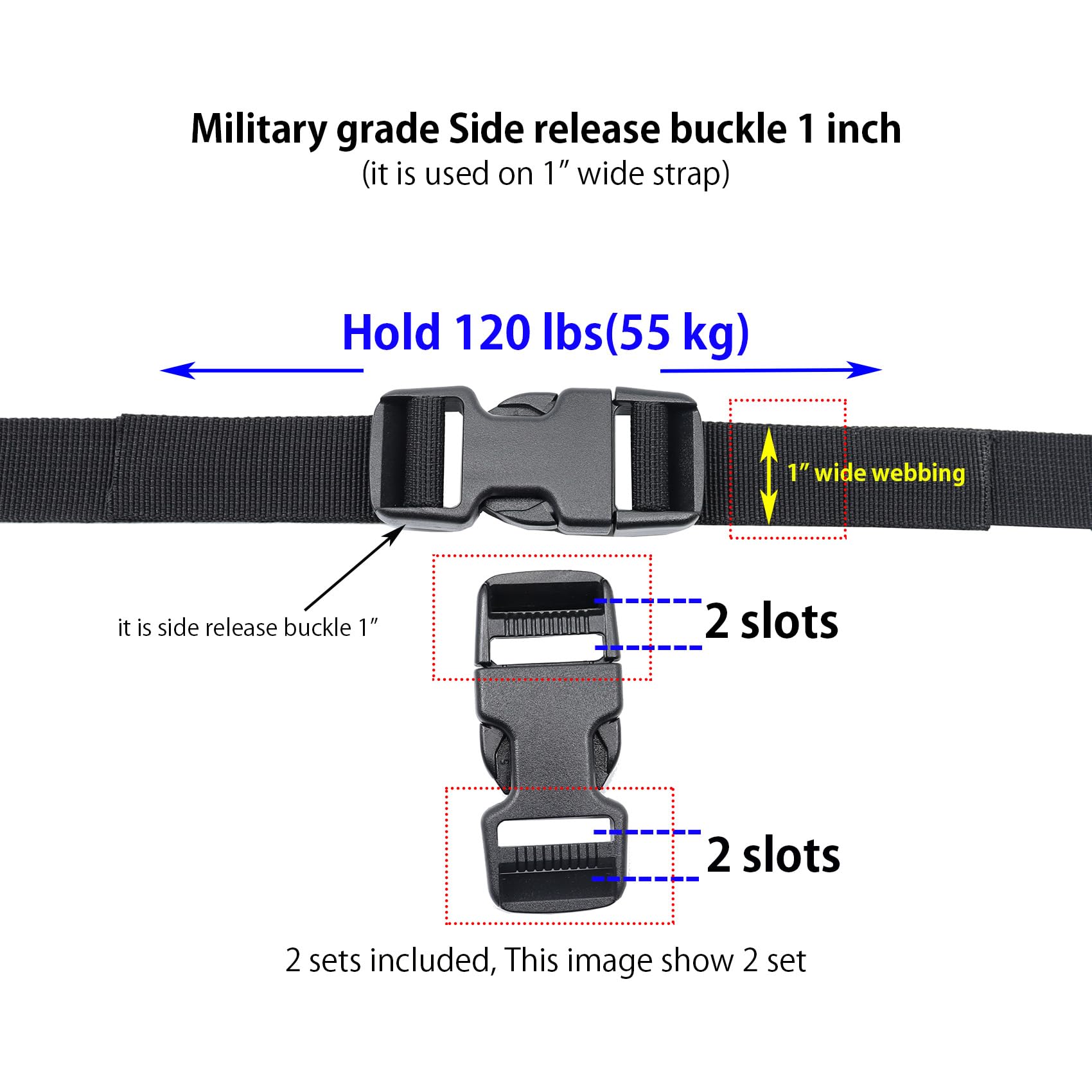 Quick Side Release Buckles 1 Inch Super Heavy Duty Plastic Snap Clips Clasps 25mm Backpack Strap Replacement Buckle 2 Sets Dual Adjustable Duraflex Buckle