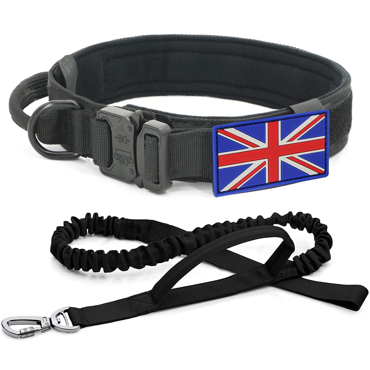YoothBro K9 Military Dog Collar and Lead Set - Adjustable Nylon Collar with Heavy Duty Metal Buckle for Medium Large Dogs XL, Black with UK United Kingdom Flag