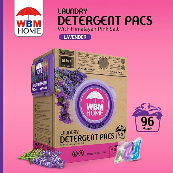WBM 10-IN-1 LAUNDRY PODS WITH SOFTENER & SCENT BOOSTER, 96 COUNT, HIGH EFFICIENCY (HE), FABRIC SOFTENER, LAVENDER EXTRACTS, STAIN LIFTER, ECO-FRIENDLY, GENTLE, FRESH