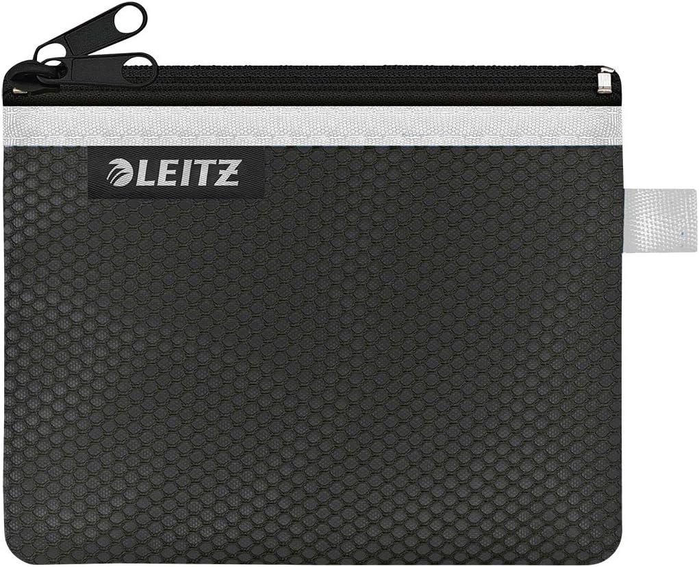 Leitz Wow 2-Pocket Pencil Case, Nylon Zip, Washable, Ideal Plastic Wallet, Small (14 x 10.5cm) - Black, 40110095
