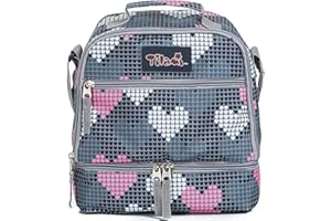 Tilami Lunch Bags Insulated Adjustable Strap Zipper, Two Compartments Cooler Bags, Bento Bags for Kids Toddlers (Grey Heart)
