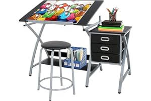 BBBuy Drafting Table Drawing Desk Art Craft Adjustable Tabletop Craft Table w/ 3 Slide Drawers and Stool Set Art Design Workstation for Writing, Painting, Sketching for Home Office, Black