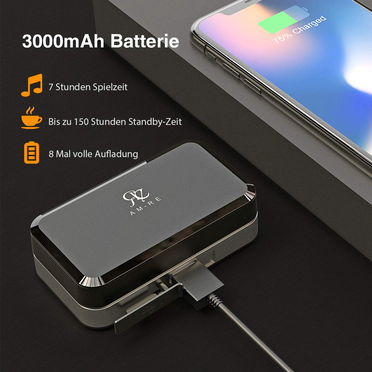 Bluetooth Kopfhörer In Ear Sport Kabellose Kopfhörer Bluetooth 5.0 Ohrhörer True Wireless Earbuds 3000mAh Batterie 7 Stunden Spielzeit One Step Pairing Touch-Funktion Hi-Fi Stereo IPX5 Wasserdicht