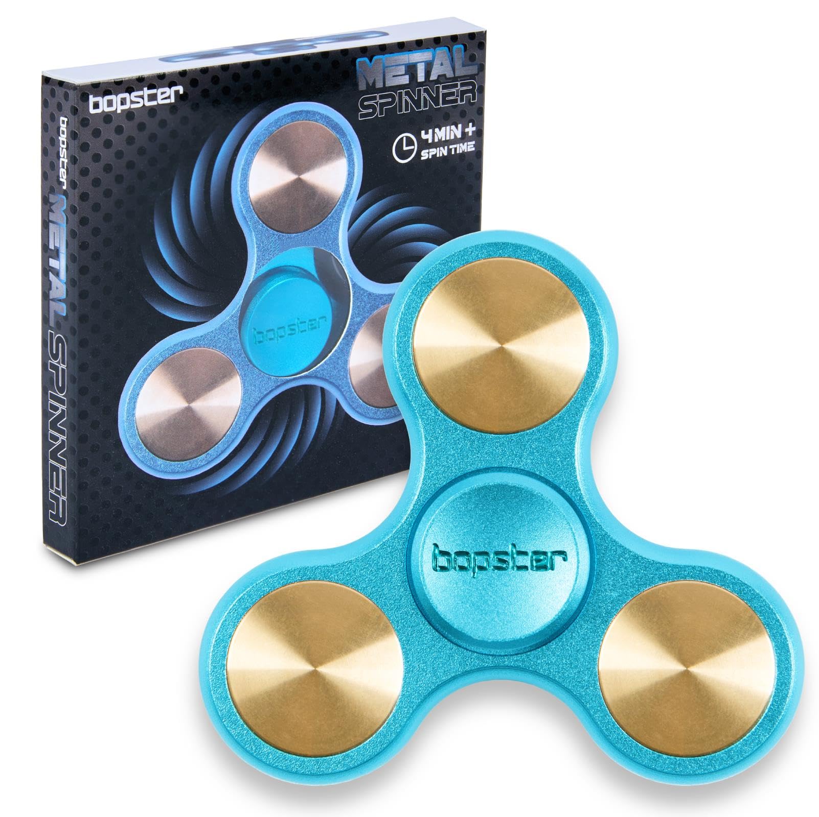 bopster Metal Spinner | Handheld Tri Fidget Spinner for Kids & Adults | 4+ Minute Spin Time, 73g | Smooth Desk Toy for Stress Relief, Focus & Sensory Play | Blue