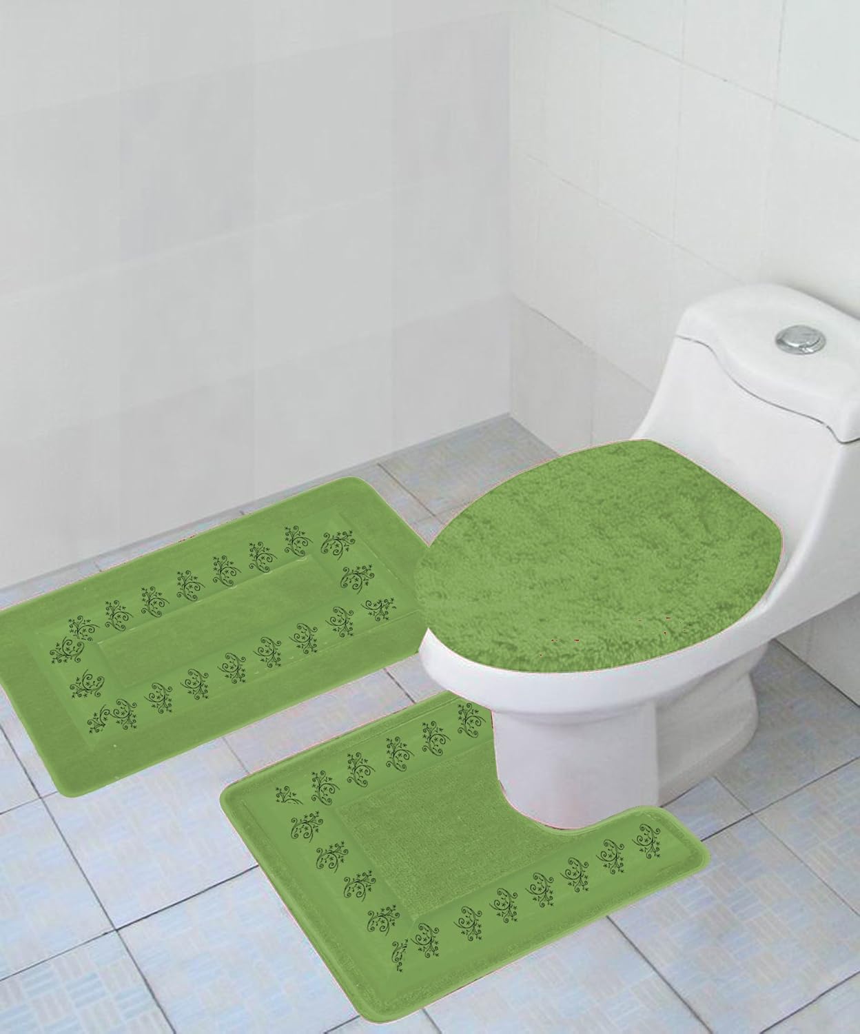 3 PC Sage Green Embroidery Design Bathroom Bath Mat Set Includes