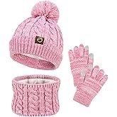 ZOORON Kids Winter Hat Gloves Scarf Set, Girls Boys Hats Beanie with Pom Children Knit Neck Warmer Mittens Fleece Lined Set