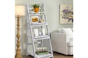 DEARYOU Ladder Shelf,4-Tier Storage Standing Organizer Modern Shelf with Metal Frame，Ladder-Shaped Plant Flower for Office,Bedroom,Living Room,White