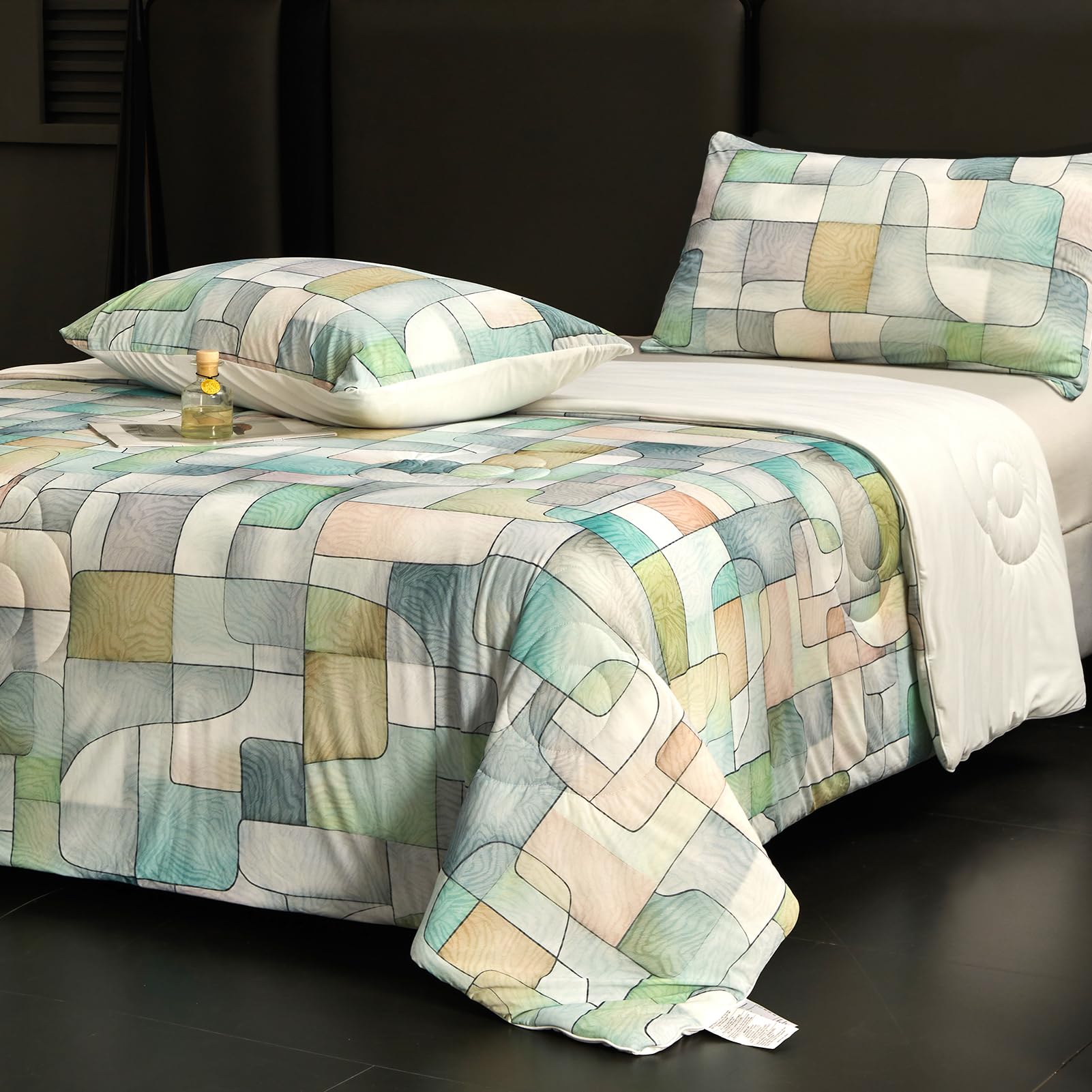 Photo 1 of Cyusri Print Cooling Comforter Set 3Pcs Breathable Cool King Size Bedding Set with 2 Pillowcases Green Geometric Pattern Silky Cold Quilt, 108"x90"