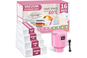 AMZBOSS Vacuum Seal Bags for Clothing Travel, 16 Pack Space Saver Vacuum Storage Bags with Electric Pump,Portable Compression Sealer for Clothes,Blankets,Bedding & Travel Essentials,Good for Luggage Packing