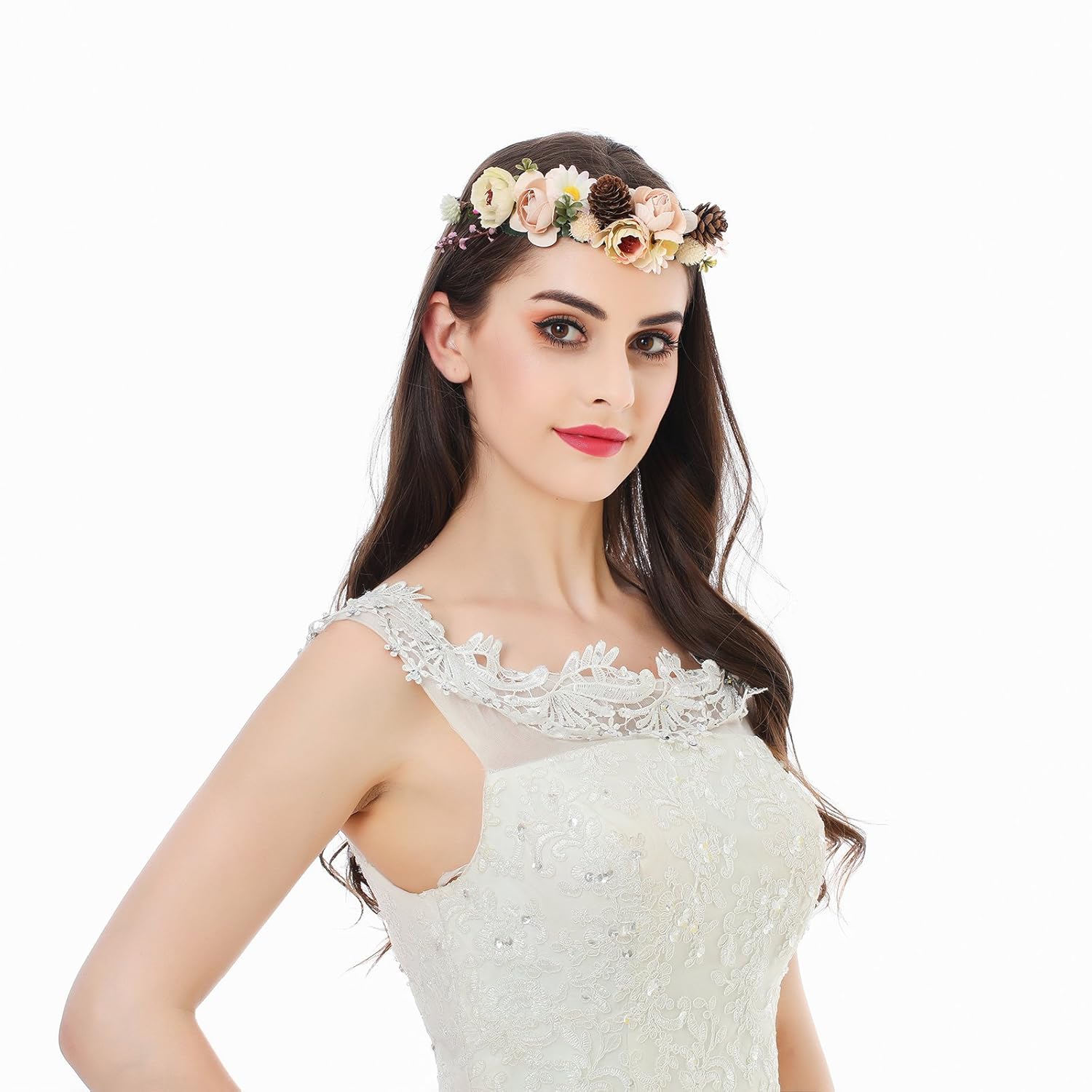AWAYTR Bohemia Flower Crown Headband - Exquisite Pinecone Leaf Berry Flower Headband Flower Halo Wreath women (Light khaki+Light pink): Beauty