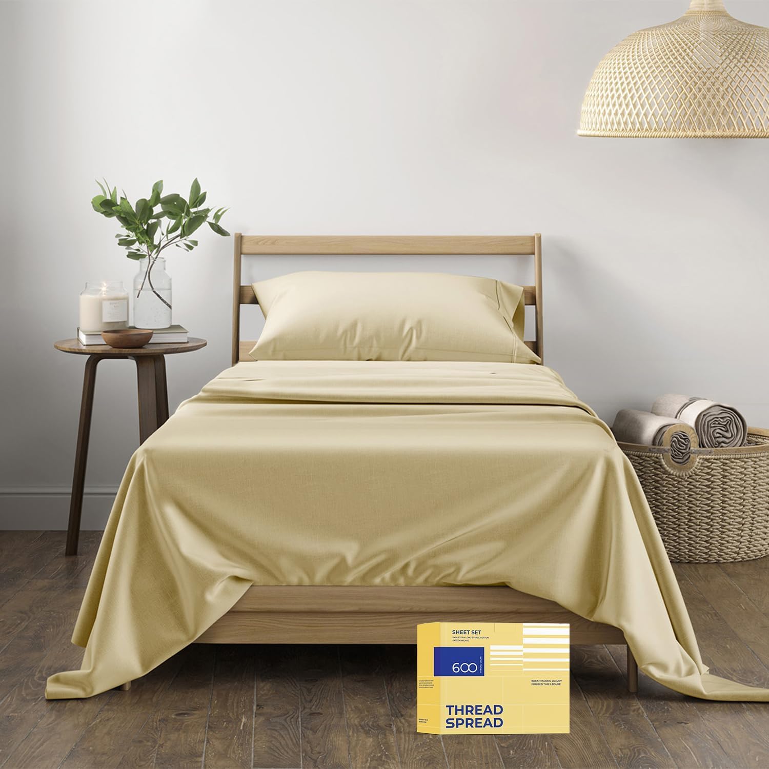 Photo 1 of THREAD SPREAD 100% Egyptian Cotton Sheets - 600 Thread Count, 3 Piece Deep Pocket, Soft, Cooling Sateen Weave Extra Long Twin Sheets for Dorm, 16 in Deep Pocket - Sand