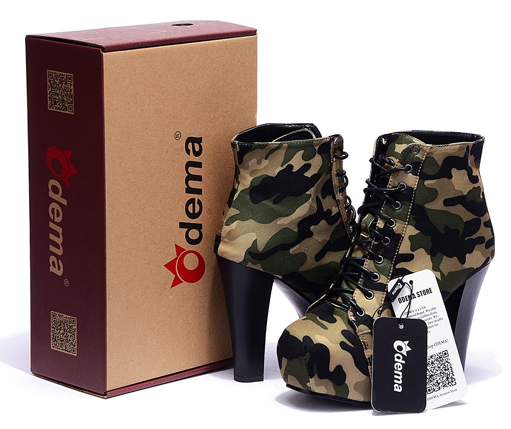 Odema Womens Military Ankle Boots Camouflage Sexy High Heel Pumps Lace Up Platform Shoes - Image 8