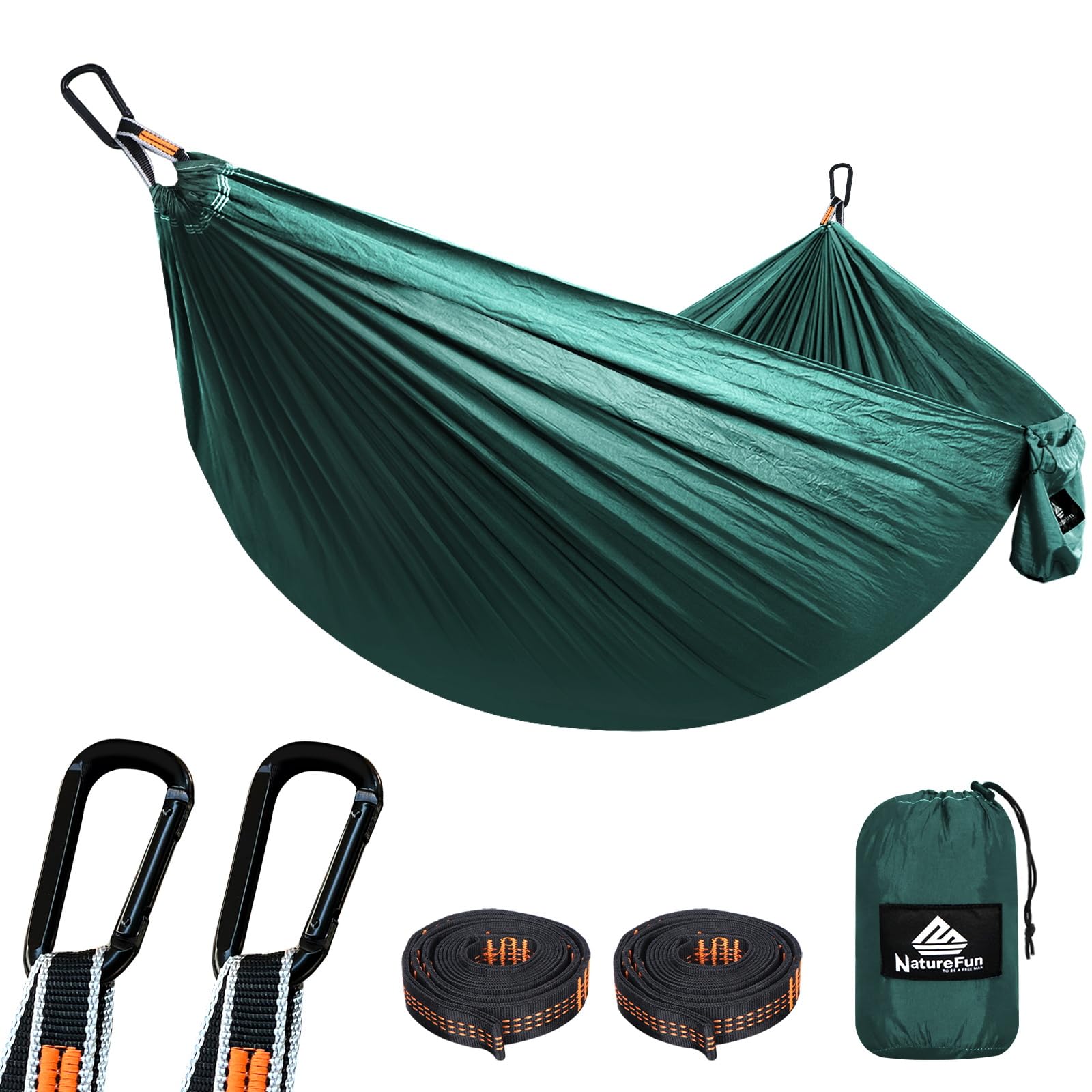 NATUREFUN Ultra-Light Travel Camping Hammock | 300kg Load Capacity,(275 x 140 cm) Breathable,Quick-drying Parachute Nylon | 2 x Premium Carabiners,2 x Nylon Slings Included | Outdoor Indoor Garden