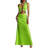 winkbay Women's 2 Piece Beach Vacation Outfits Backless Peplum Halter Crop Top and Bodycon Maxi Skirt Set