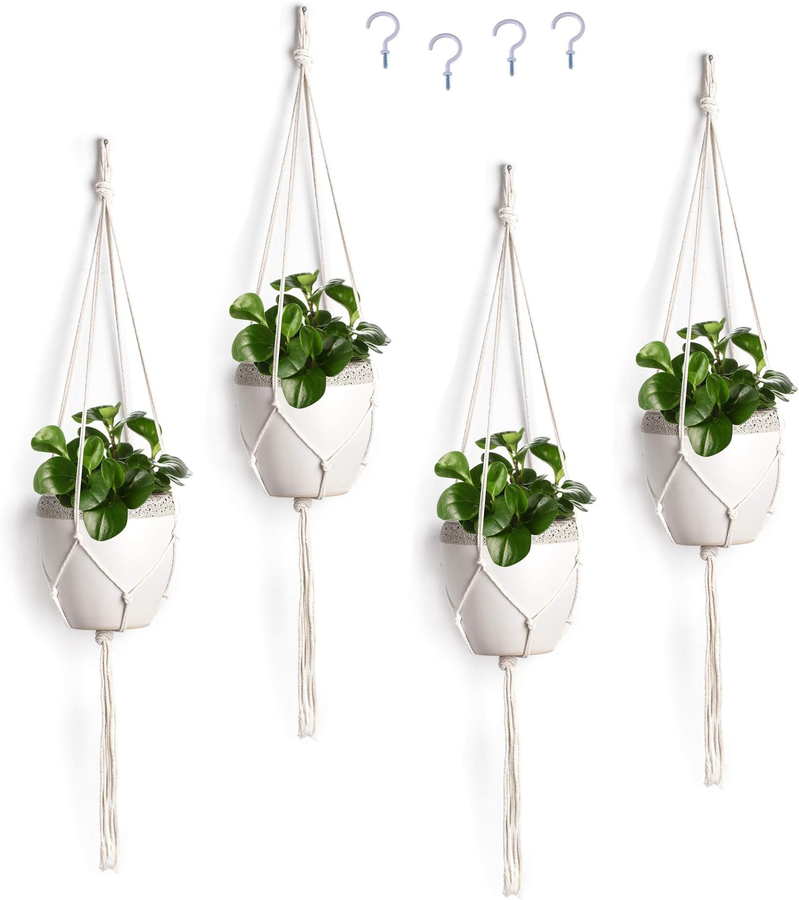 EiYYA 4 Pack Macrame Plant Hangers Handmade Natural Cotton Rope Plant Flowers Holder Knitting Stainless Nail Indoor Outdoor Garden Patio Balcony Kitchen Decorations Eco-Friendly
