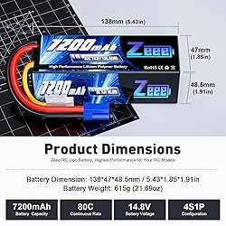 Zeee 4S Lipo Battery 7200mAh 14.8V 80C with EC5
