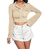 LYANER Women's Ruched Front Button Down V Neck Bell Long Sleeve Crop Tops Dressy Blouse Shirt