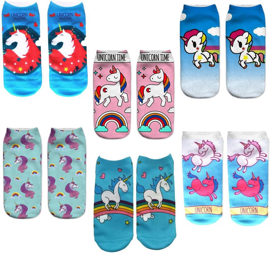 Oexper 6 Pairs Unicorn Low Cut Cartoon Sock, Cute Novelty Ankle Socks for Girls Women
