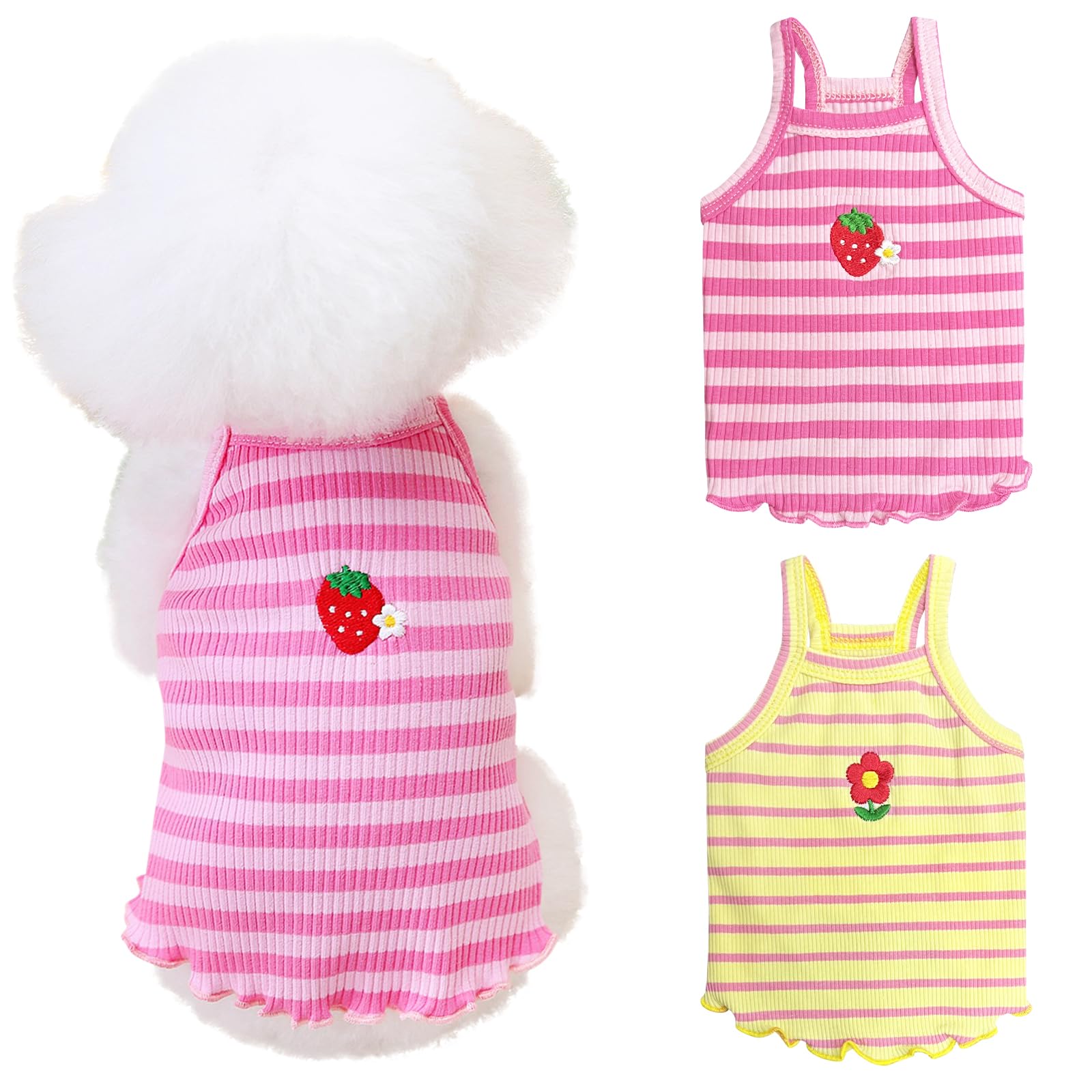 Yaopelky 2 Pieces Small Medium Dogs Summer Clothes Dog Striped Shirt Cute Flower Strawberry Embroidery Vest Pet Outfit for Chihuahua Yorkie Teddy (Pink-Yellow, XL)