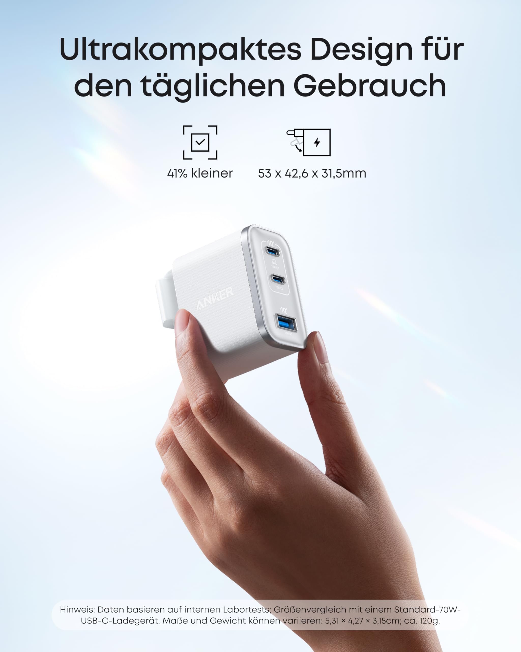 Anker Nano 70W USB C Ladegerät, Laptop Ladegerät, 3-Port-Netzteil mit 70W schnellladegerät, kompakt & stylisch, für iPhone 17/Pro/Pro Max/iPhone Air/16/15, MacBook Air, iPad, Pixel, Galaxy und mehr 3