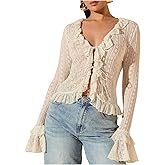 SOLY HUX Women's Lace Tie Front Ruffle Tops Deep V Neck Sheer Going Out T Shirts